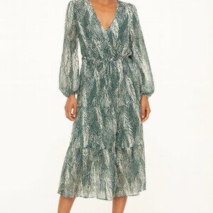 Rokoko Green and White Leaf Print Tiered Ruffle Maxi Dress Resortwear Tropical